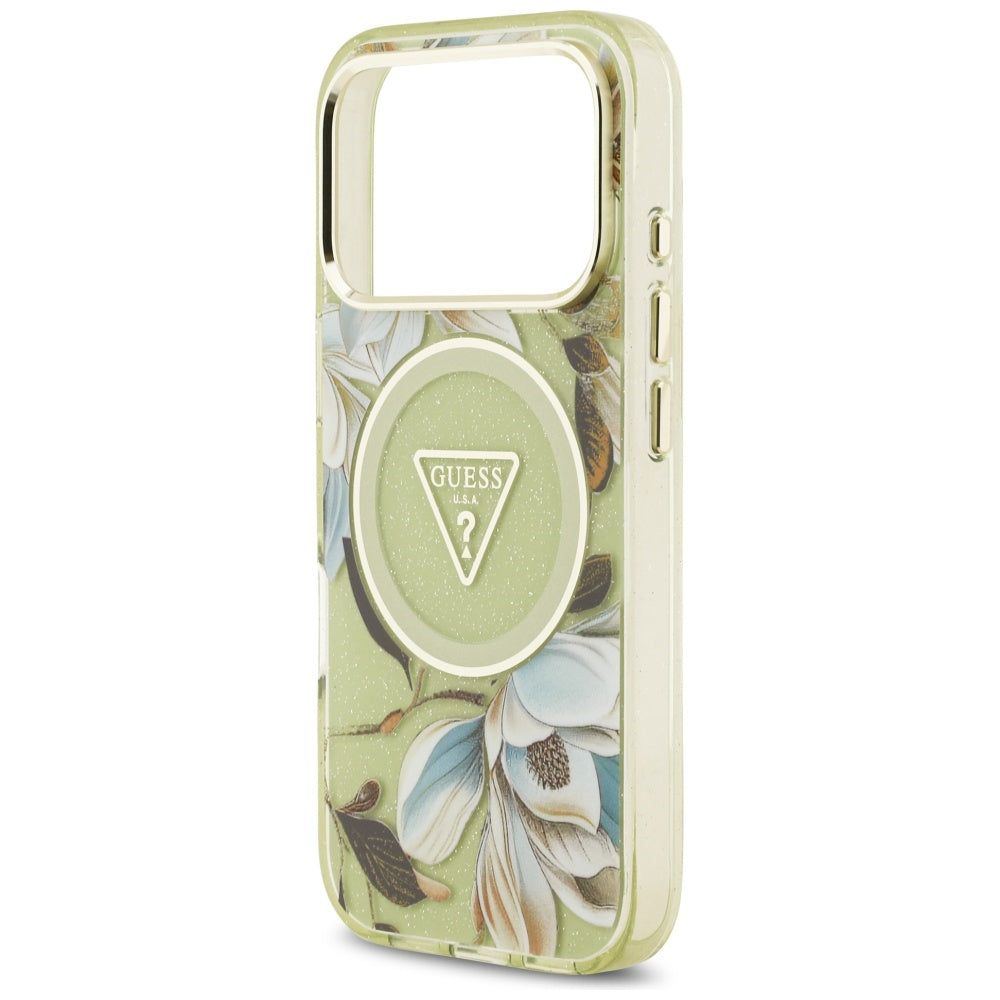 Θήκη MagSafe για Apple iPhone 17 Pro Max, Guess, IML Metal Glitter Flowers Triangle, Πράσινο