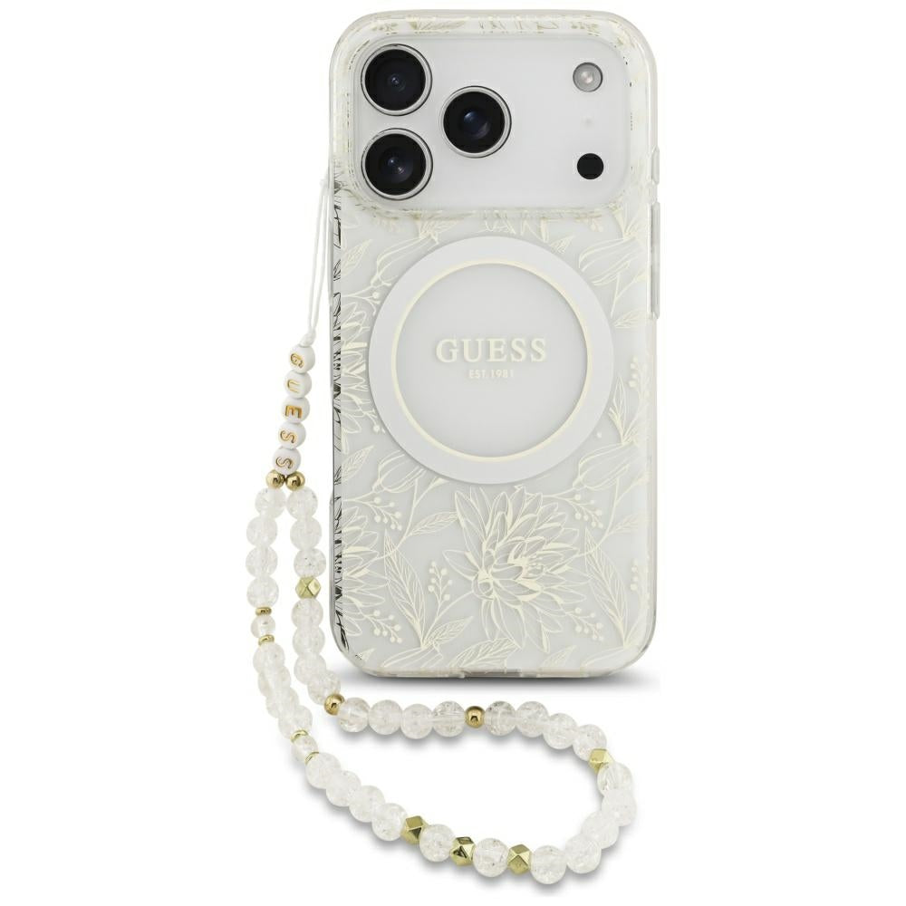 Θήκη MagSafe για Apple iPhone 18 Pro / 17 Pro, Guess, IML Flowers με ηλεκτρολυτική επίστρωση και λουράκι από μαργαριτάρι, Λευκό