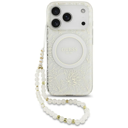 Θήκη MagSafe για Apple iPhone 18 Pro / 17 Pro, Guess, IML Flowers με ηλεκτρολυτική επίστρωση και λουράκι από μαργαριτάρι, Λευκό