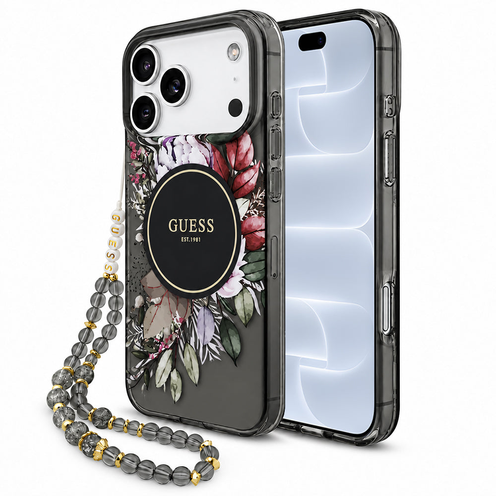 Θήκη MagSafe για Apple iPhone 18 Pro / 17 Pro, Guess, IML Flowers with Pearl Strap, Μαύρη