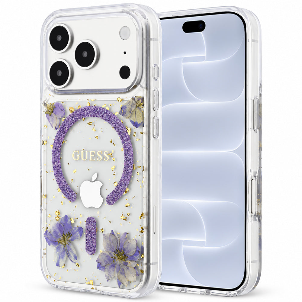 Θήκη MagSafe για Apple iPhone 18 Pro / 17 Pro, Guess, Resin Flowers and Glitter, Μωβ