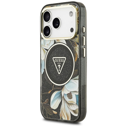 Θήκη MagSafe για Apple iPhone 18 Pro, Guess, IML Metal Glitter Flowers Triangle, Μαύρο