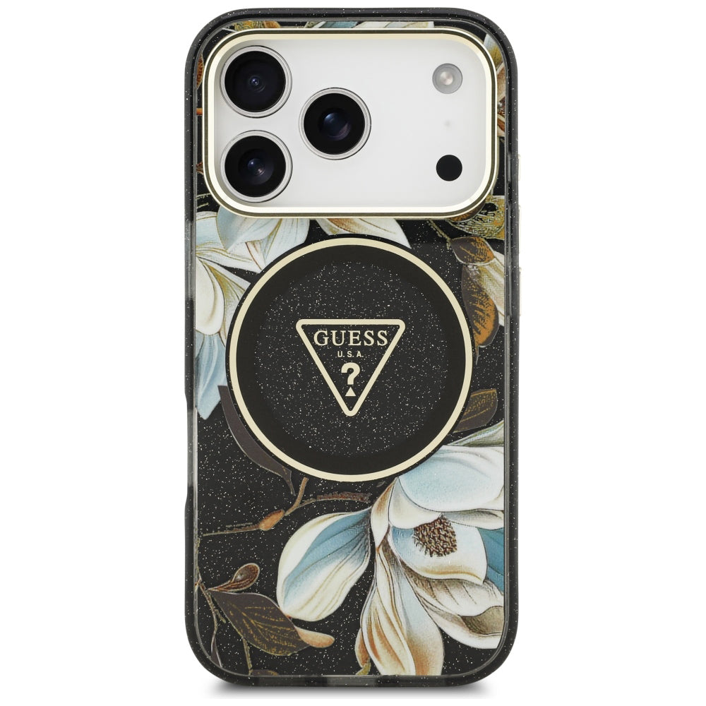 Θήκη MagSafe για Apple iPhone 18 Pro, Guess, IML Metal Glitter Flowers Triangle, Μαύρο