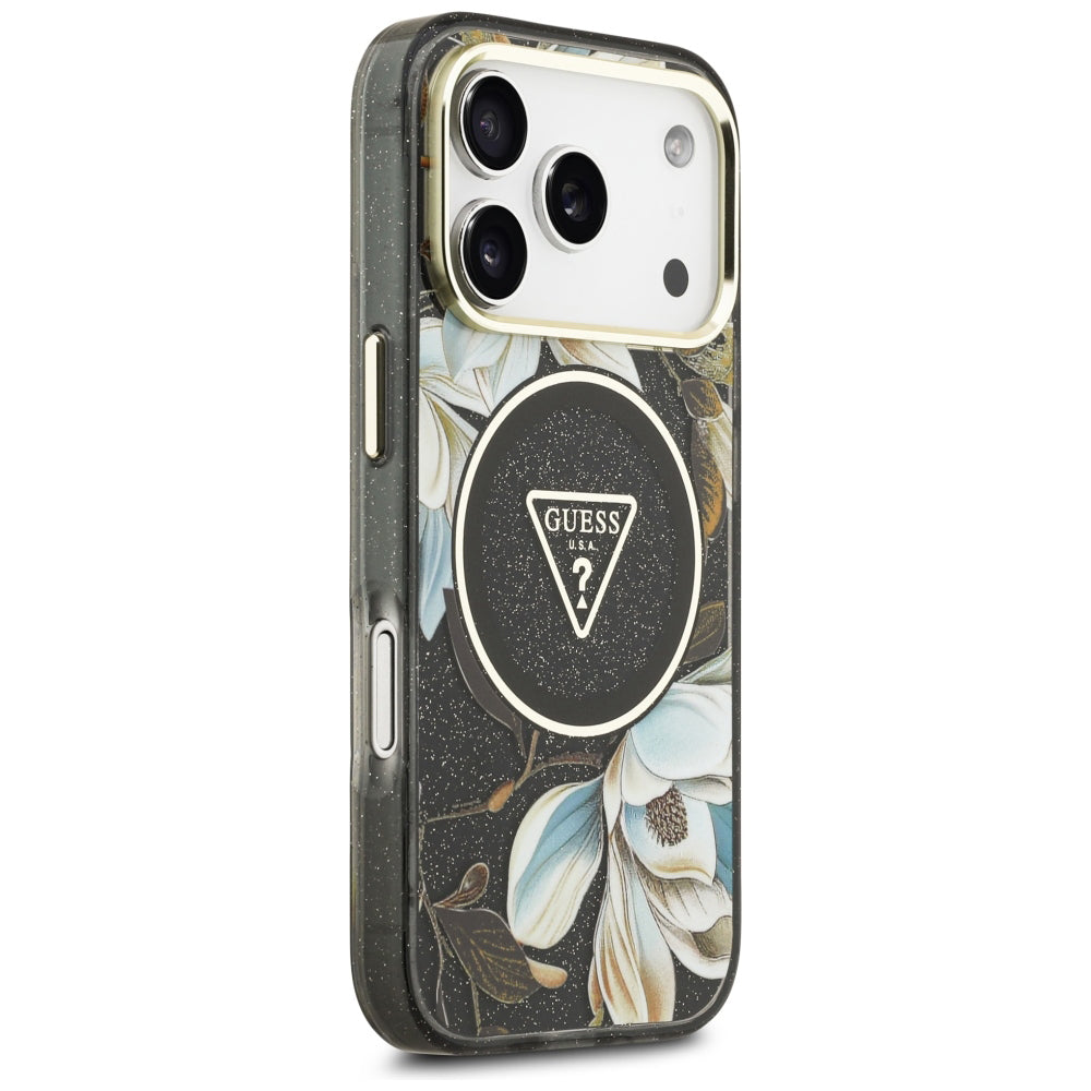 Θήκη MagSafe για Apple iPhone 18 Pro, Guess, IML Metal Glitter Flowers Triangle, Μαύρο