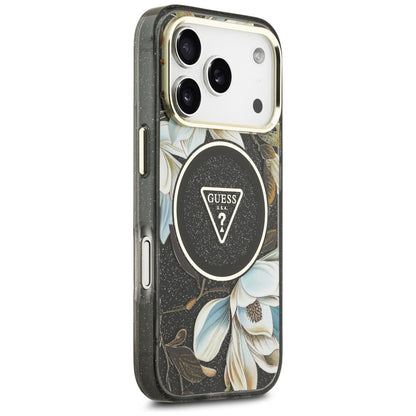 Θήκη MagSafe για Apple iPhone 18 Pro, Guess, IML Metal Glitter Flowers Triangle, Μαύρο
