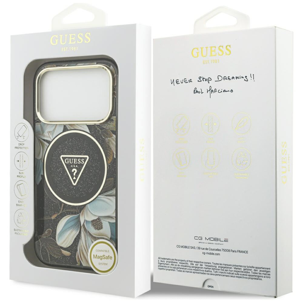 Θήκη MagSafe για Apple iPhone 18 Pro, Guess, IML Metal Glitter Flowers Triangle, Μαύρο