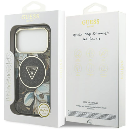 Θήκη MagSafe για Apple iPhone 18 Pro, Guess, IML Metal Glitter Flowers Triangle, Μαύρο