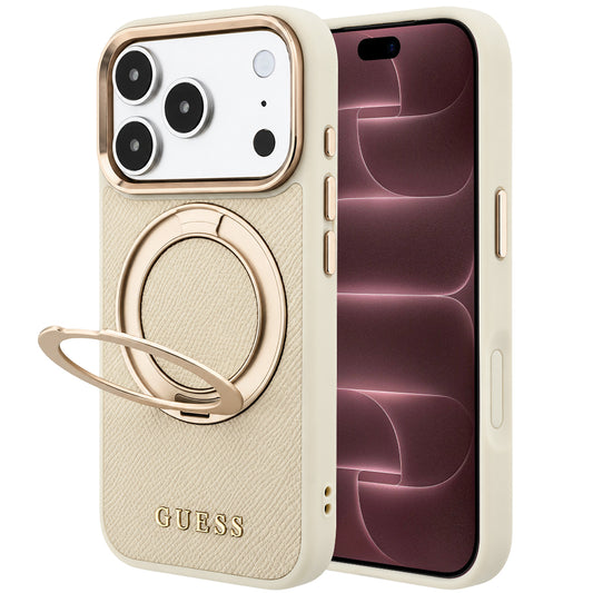 Θήκη MagSafe για Apple iPhone 18 Pro Max / 17 Pro Max, Guess, Grained Ring Stand 360 Classic, Μπεζ