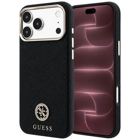 Θήκη MagSafe για Apple iPhone 18 Pro Max / 17 Pro Max, Guess, με στρογγυλό ανάγλυφο λογότυπο στρας, Μαύρη