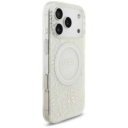 Θήκη MagSafe για Apple iPhone 18 Pro Max / 17 Pro Max, Guess, IML Flowers με ηλεκτρολυτική επίστρωση και λουράκι από μαργαριτάρι, Λευκό