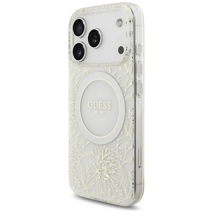 Θήκη MagSafe για Apple iPhone 18 Pro Max / 17 Pro Max, Guess, IML Flowers με ηλεκτρολυτική επίστρωση και λουράκι από μαργαριτάρι, Λευκό