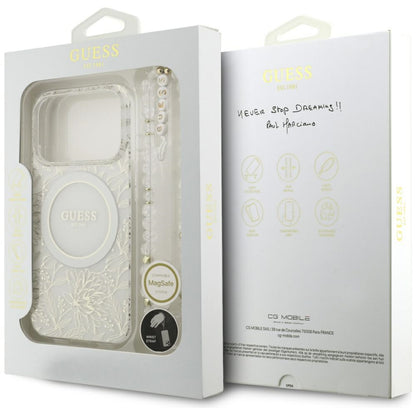 Θήκη MagSafe για Apple iPhone 18 Pro Max / 17 Pro Max, Guess, IML Flowers με ηλεκτρολυτική επίστρωση και λουράκι από μαργαριτάρι, Λευκό