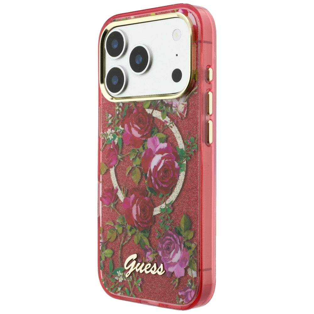 Θήκη MagSafe για Apple iPhone 18 Pro Max / 17 Pro Max, Guess, IML Glitter Blossom Roses, Βυσσινί