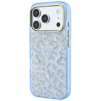 Θήκη MagSafe για Apple iPhone 18 Pro Max / 17 Pro Max, Guess, Λογότυπο Τρίγωνο με Λεοπάρ Γκλίτερ, Μπλε
