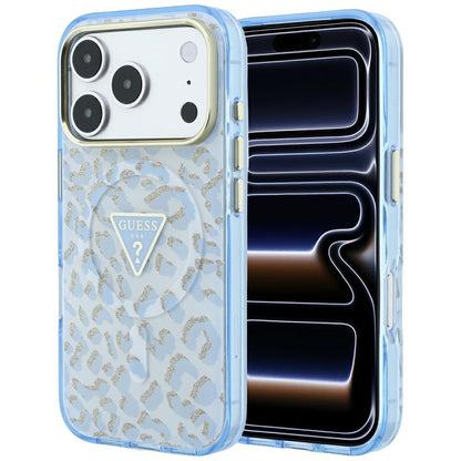 Θήκη MagSafe για Apple iPhone 18 Pro Max / 17 Pro Max, Guess, Λογότυπο Τρίγωνο με Λεοπάρ Γκλίτερ, Μπλε