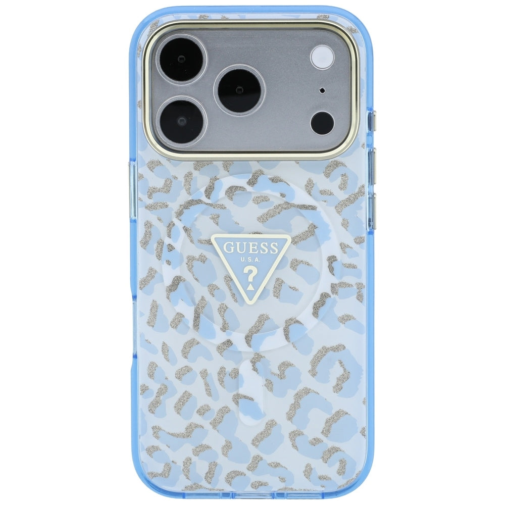 Θήκη MagSafe για Apple iPhone 18 Pro Max / 17 Pro Max, Guess, Λογότυπο Τρίγωνο με Λεοπάρ Γκλίτερ, Μπλε