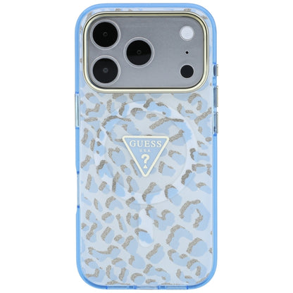 Θήκη MagSafe για Apple iPhone 18 Pro Max / 17 Pro Max, Guess, Λογότυπο Τρίγωνο με Λεοπάρ Γκλίτερ, Μπλε