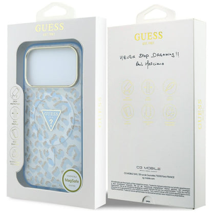 Θήκη MagSafe για Apple iPhone 18 Pro Max / 17 Pro Max, Guess, Λογότυπο Τρίγωνο με Λεοπάρ Γκλίτερ, Μπλε