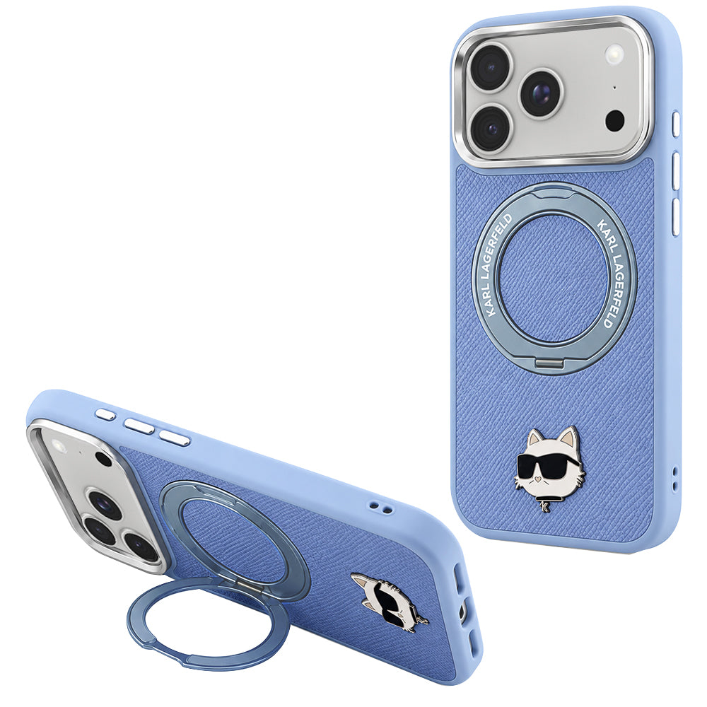 Θήκη MagSafe για Apple iPhone 18 Pro Max / 17 Pro Max, Karl Lagerfeld, Saffiano Ring Stand 360 Choupette Pin, Bleu