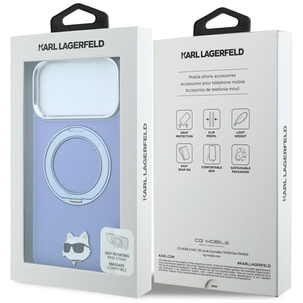Θήκη MagSafe για Apple iPhone 18 Pro Max / 17 Pro Max, Karl Lagerfeld, Saffiano Ring Stand 360 Choupette Pin, Bleu