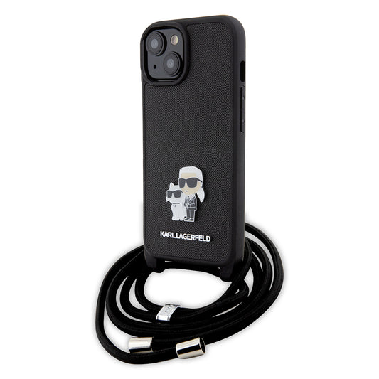 Θήκη για Apple iPhone 15 Plus, Karl Lagerfeld, Saffiano Crossbody Metal Pin Karl & Choupette, Μαύρη