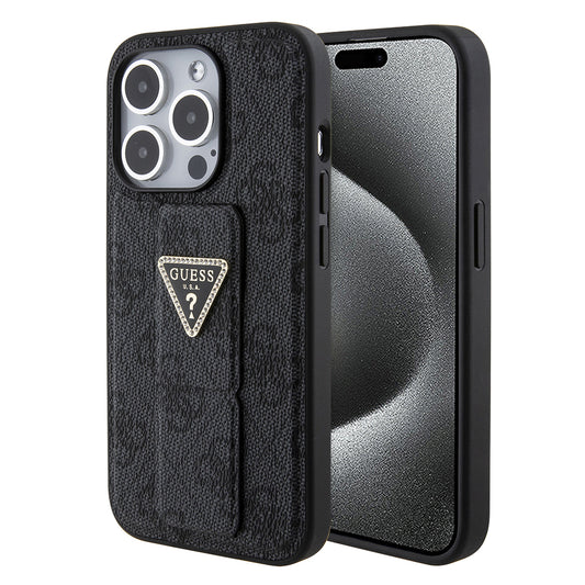 Θήκη για Apple iPhone 15 Pro, Guess, Grip Stand 4G Triangle Strass, Μαύρη