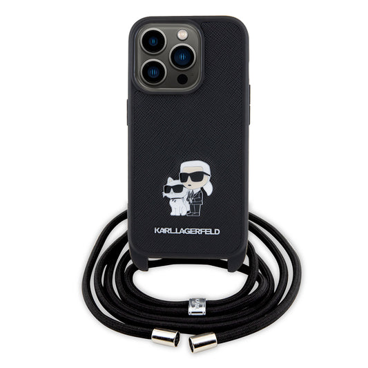 Θήκη για Apple iPhone 15 Pro, Karl Lagerfeld, Saffiano Crossbody Metal Pin Karl & Choupette, Μαύρη