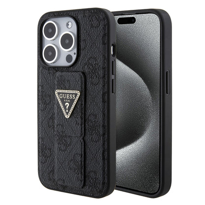 Θήκη για Apple iPhone 15 Pro Max, Guess, Grip Stand 4G Triangle Strass, Μαύρη