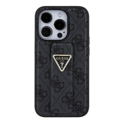 Θήκη για Apple iPhone 15 Pro Max, Guess, Grip Stand 4G Triangle Strass, Μαύρη