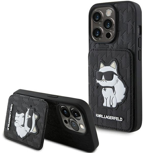 Θήκη για Apple iPhone 15 Pro Max, Karl Lagerfeld, Saffiano Cardslots and Stand Monogram Choupette, Μαύρη