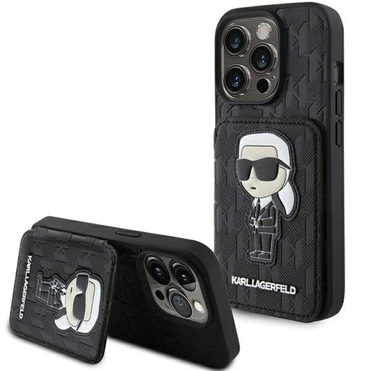 Θήκη για Apple iPhone 15 Pro Max, Karl Lagerfeld, Saffiano Cardslots and Stand Monogram Ikonik Karl, Μαύρη