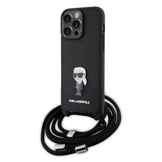 Case for Apple iPhone 15 Pro Max, Karl Lagerfeld, Saffiano Crossbody Monogram Metal Pin Karl, Black