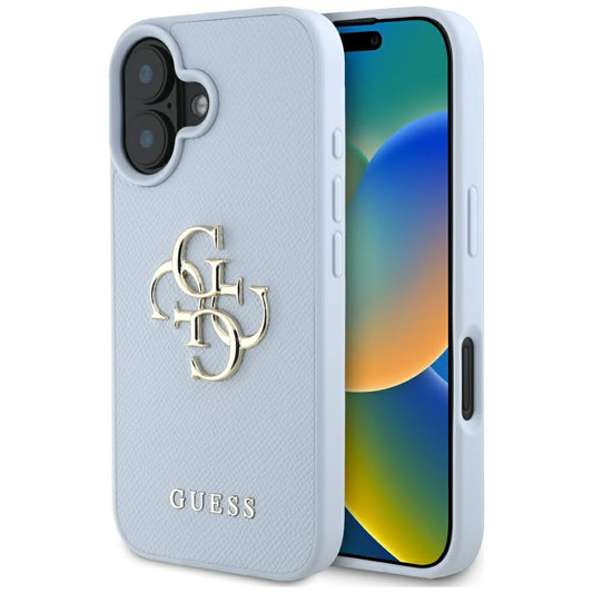 Case for Apple iPhone 16, Guess, Grained Big 4G Logo Small Classic Logo, Blue