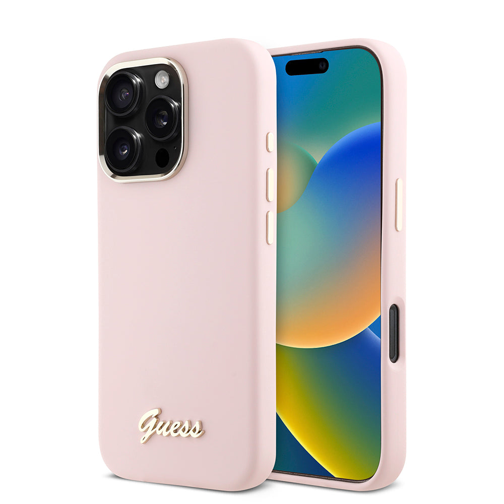 Case for Apple iPhone 16 Pro, Guess, Script Metal Logo & Frame, Pink