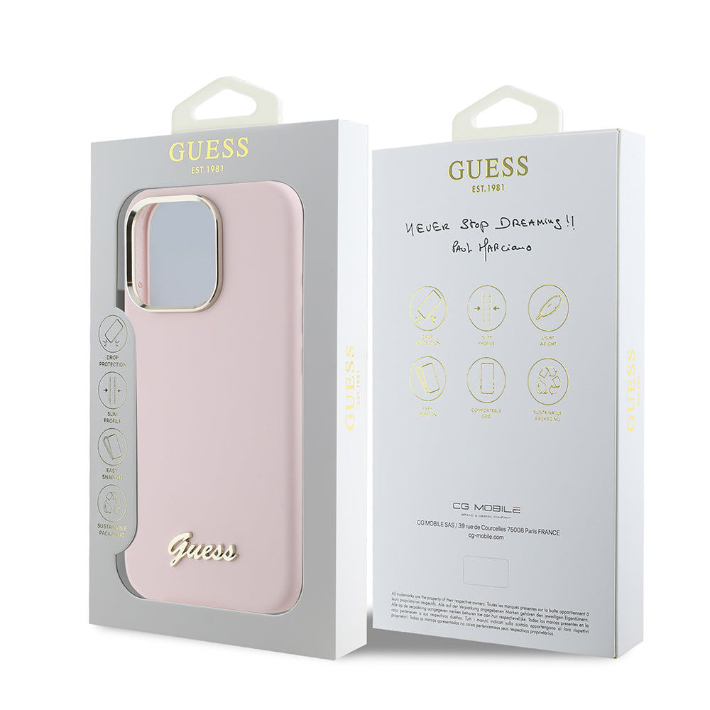 Case for Apple iPhone 16 Pro, Guess, Script Metal Logo & Frame, Pink