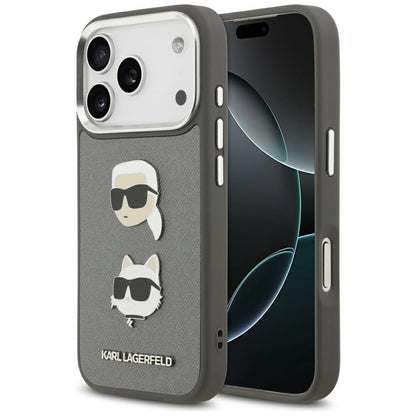Case for Apple iPhone 17 Pro, Karl Lagerfeld, Grained Karl & Choupette's Heads Pins and Logo, Grey