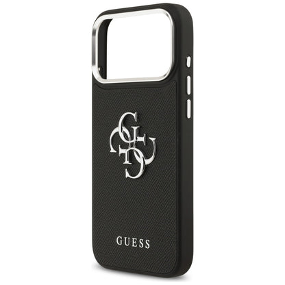 Case for Apple iPhone 17 Pro Max, Guess, 4G Grained Big and Classic Logo, Black Silver