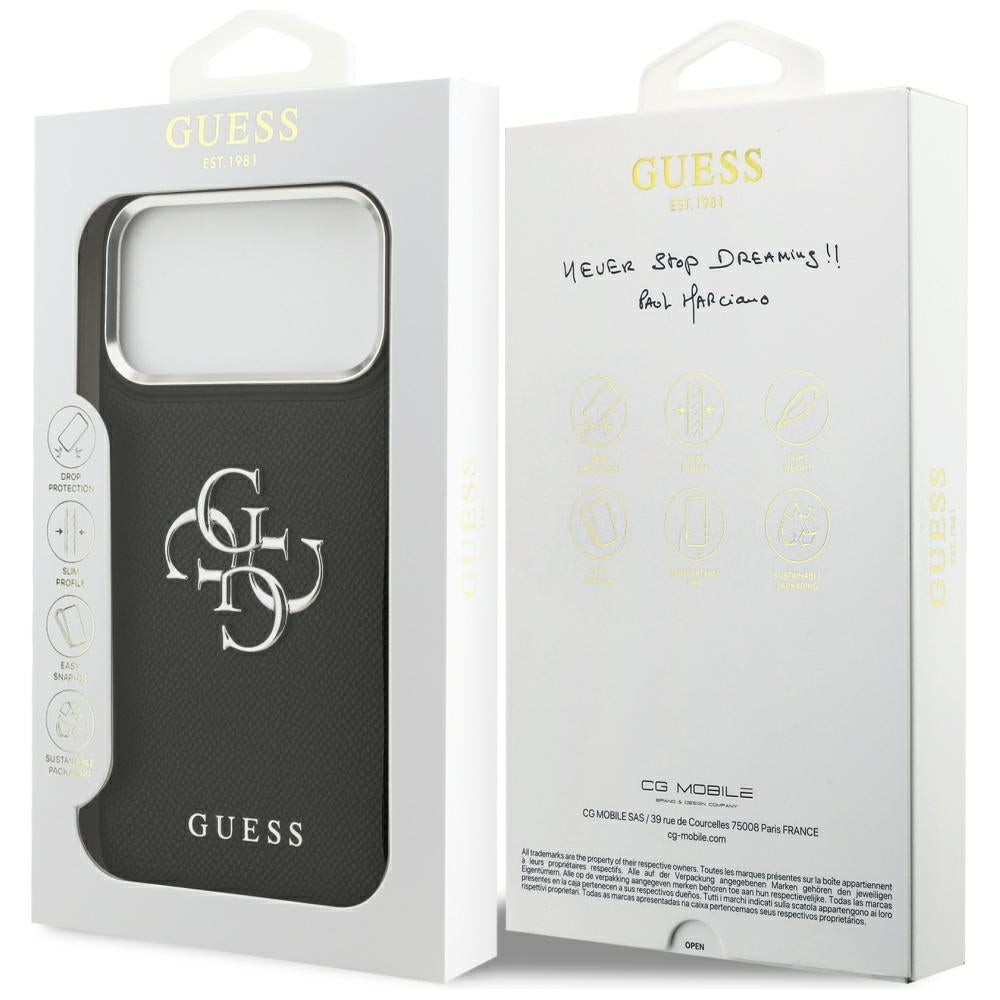 Case for Apple iPhone 17 Pro Max, Guess, 4G Grained Big and Classic Logo, Black Silver
