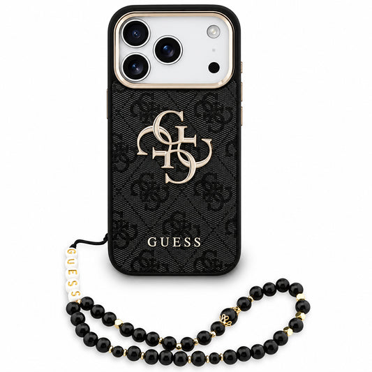Θήκη για Apple iPhone 18 Pro / 17 Pro, Guess, 4G Classic Logo με λουράκι, Μαύρο Χρυσό
