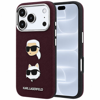 Θήκη για Apple iPhone 18 Pro / 17 Pro, Karl Lagerfeld, Saffiano με καρφίτσα κεφαλής Karl & Choupette και λογότυπο, Βυσσινί