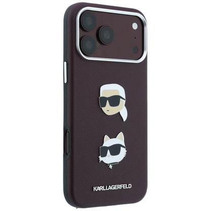 Θήκη για Apple iPhone 18 Pro / 17 Pro, Karl Lagerfeld, Saffiano με καρφίτσα κεφαλής Karl & Choupette και λογότυπο, Βυσσινί