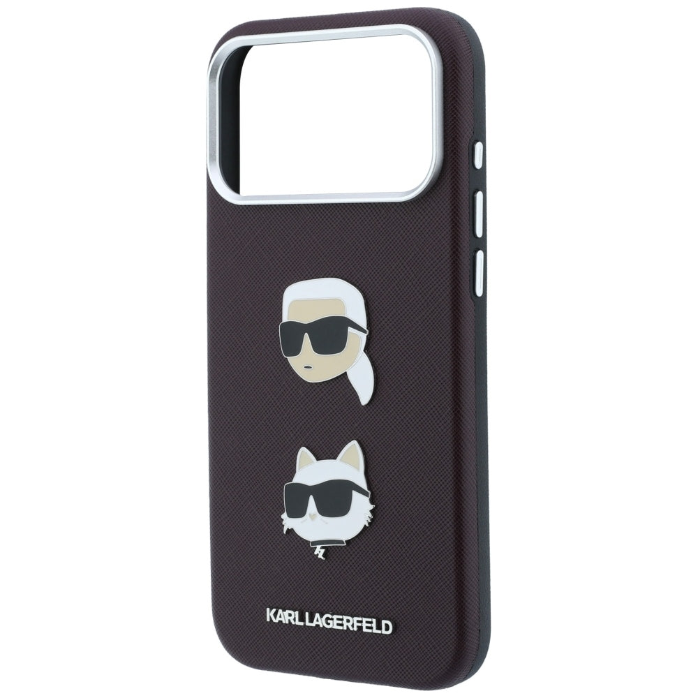 Θήκη για Apple iPhone 18 Pro / 17 Pro, Karl Lagerfeld, Saffiano με καρφίτσα κεφαλής Karl & Choupette και λογότυπο, Βυσσινί