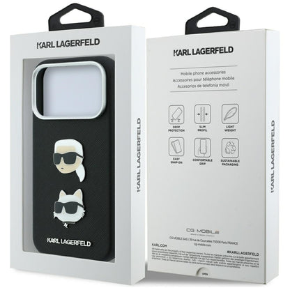 Θήκη για Apple iPhone 18 Pro Max / 17 Pro Max, Karl Lagerfeld, Saffiano με καρφίτσα κεφαλής Karl & Choupette και λογότυπο, Μαύρη