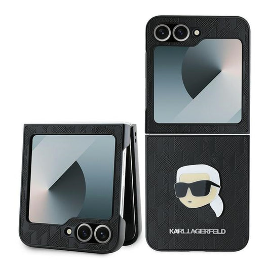 Θήκη για Samsung Galaxy Z Flip7 FE F761 / Z Flip6 F741, Karl Lagerfeld, Saffiano Monogram Karl's Head Metal, Μαύρη