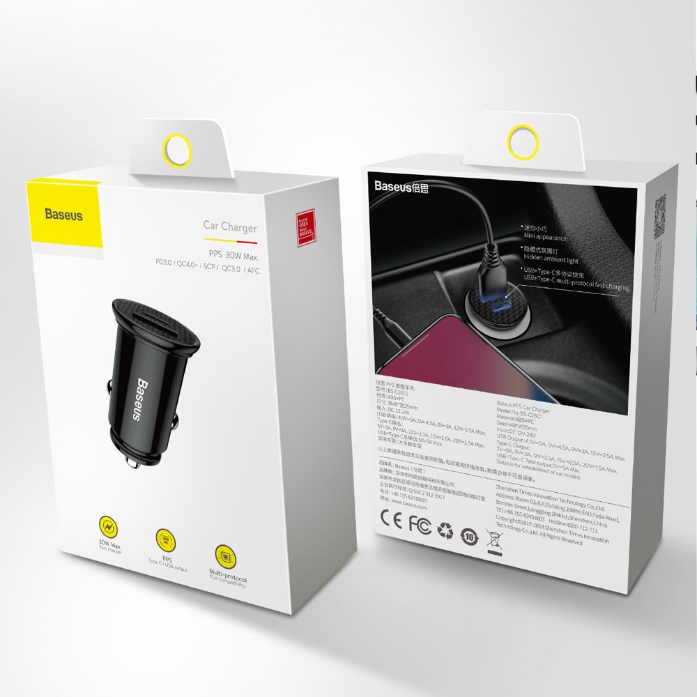 Baseus Car Charger, 30W, 3A, 1 x USB-A - 1 x USB-C, Black CCALL-YS01 