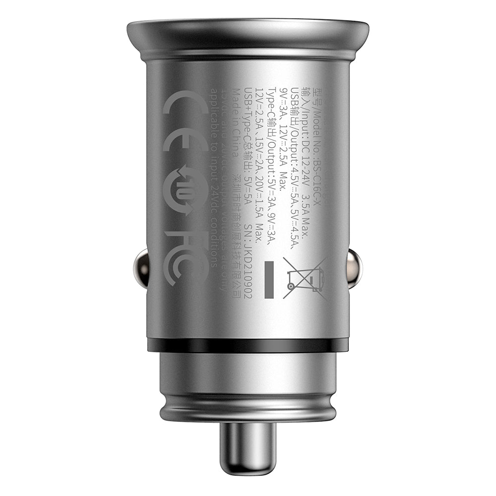 Baseus Circular Metal Car Charger, 30W, 5A, 1 x USB-A - 1 x USB-C, Gray CCALL-BS0S