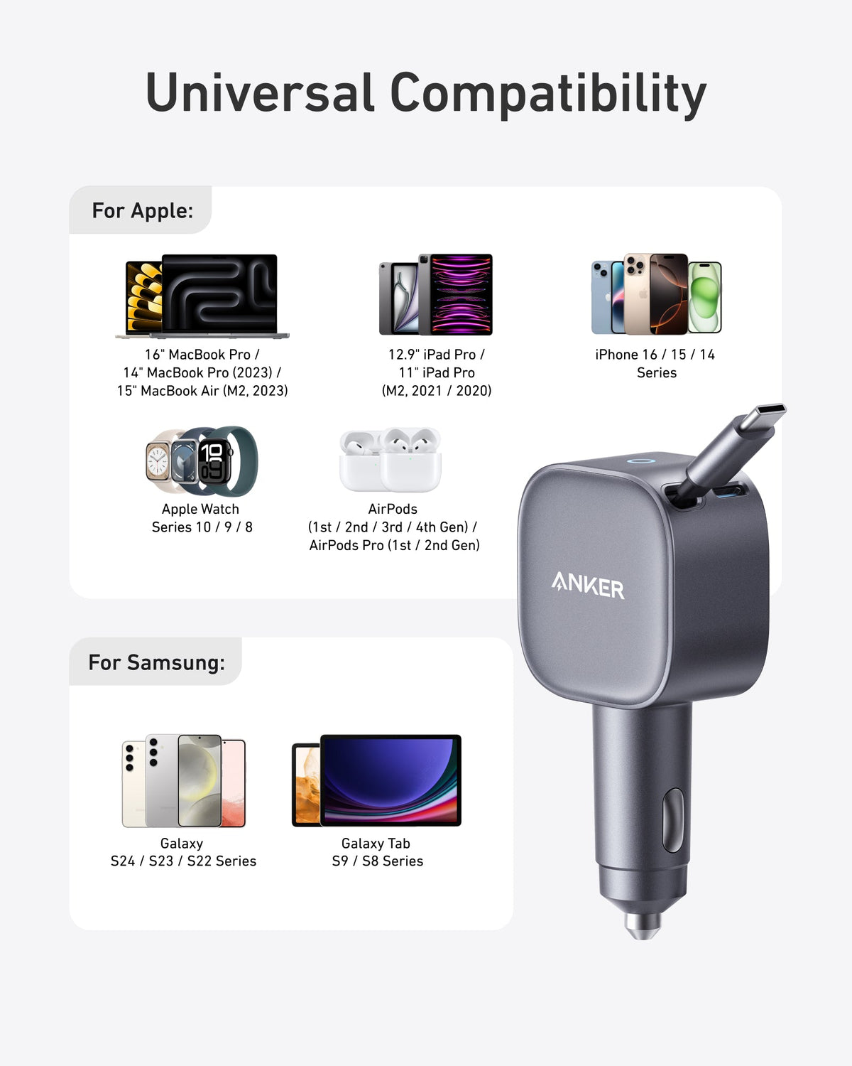 Anker Nano Car Charger with USB-C Cable, 75W, 3A, 1 x USB-C, Gray A2738HA2