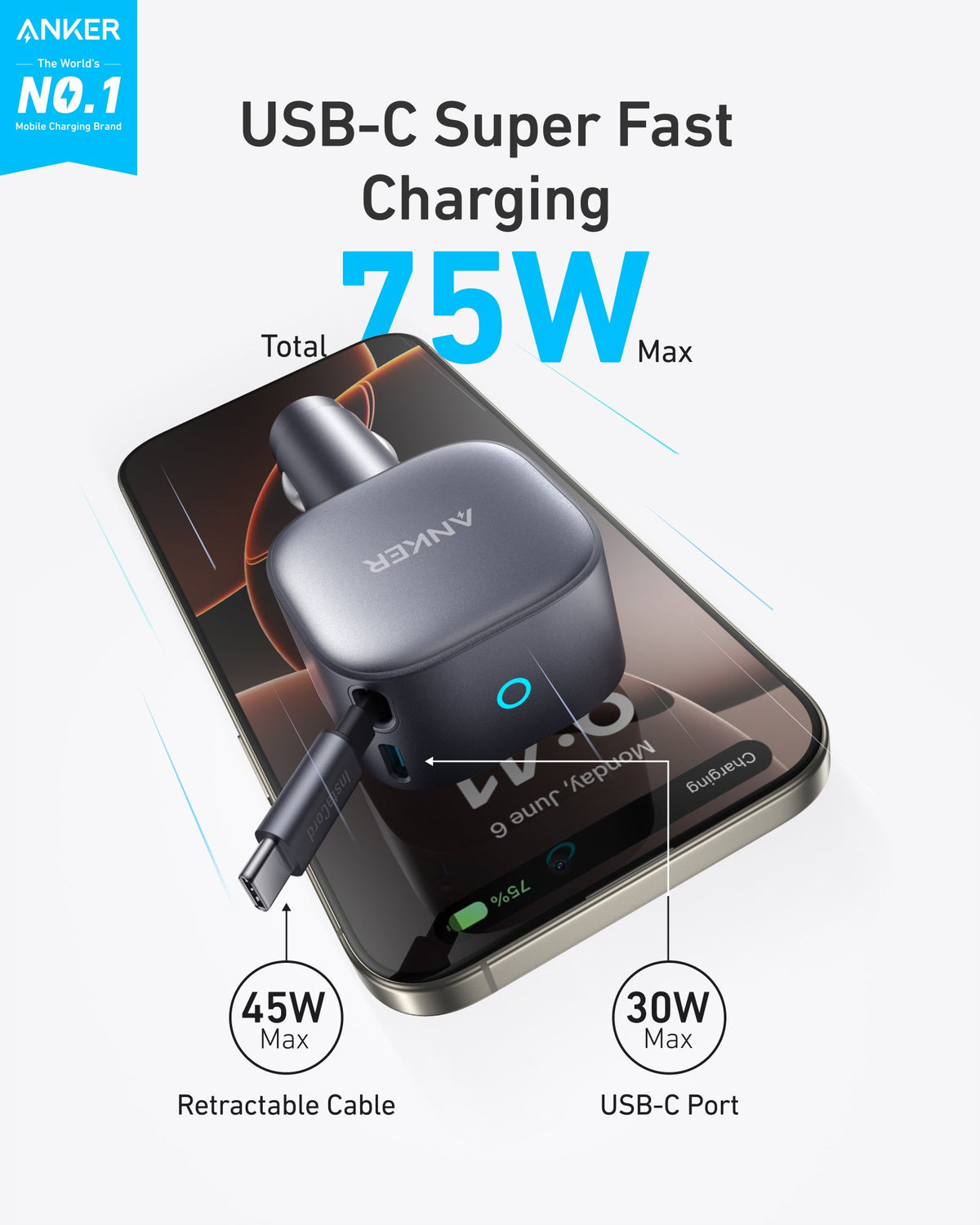 Anker Nano Car Charger with USB-C Cable, 75W, 3A, 1 x USB-C, Gray A2738HA2