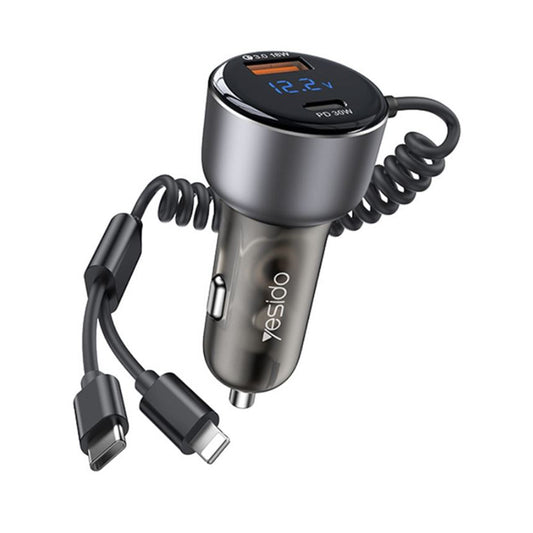 Φορτιστής Αυτοκινήτου με Καλώδιο USB-C / Lightning Yesido Y58 Display, 60W, 3A, 1 x USB-A - 1 x USB-C, Γκρι