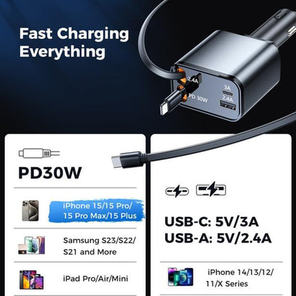 Φορτιστής Αυτοκινήτου με Καλώδιο USB-C / Lightning Techsuit C1 NanoVoltX, 69W, 3A, 1 x USB-A - 1 x USB-C, Γκρι